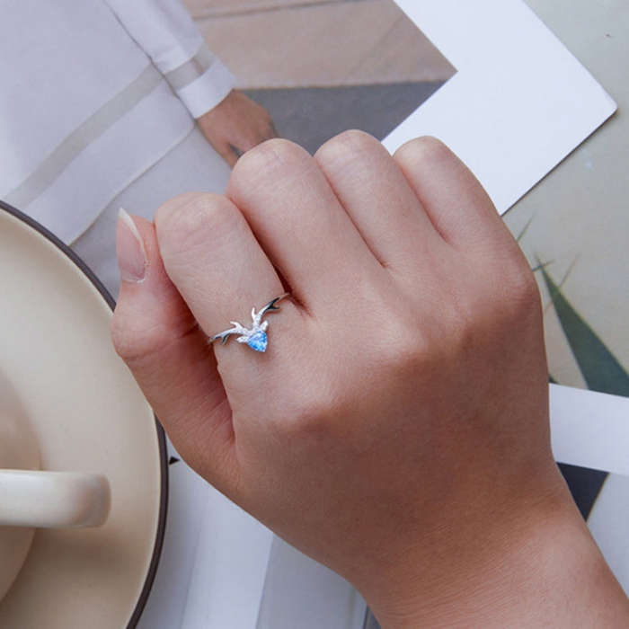 BSR338 Sterling Silver S925  Blue Heart Deer Zirconia Ring(No.6)