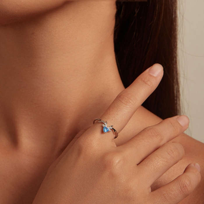 BSR338 Sterling Silver S925  Blue Heart Deer Zirconia Ring(No.7)