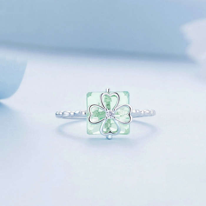 BSR339 Sterling Silver S925 Verdant Four Leaf Clover Ring (No.7)