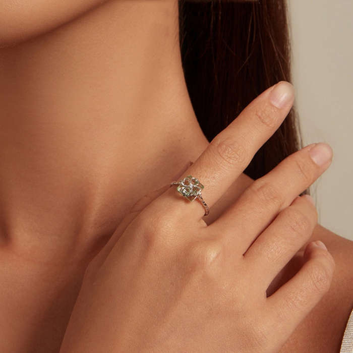 BSR339 Sterling Silver S925 Verdant Four Leaf Clover Ring (No.8)