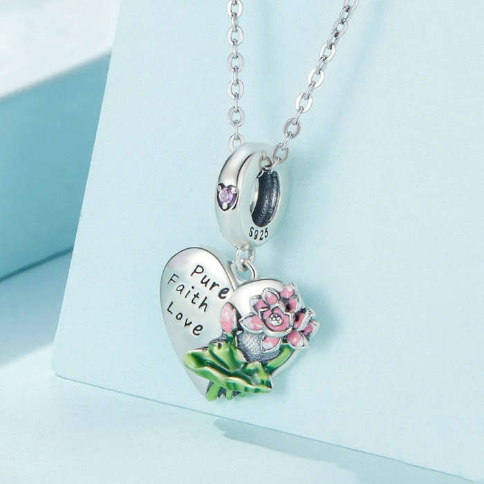 SCC2417 Sterling Silver S925 Lotus Flower Love Zirconia Engraved Bracelet Charm Bead