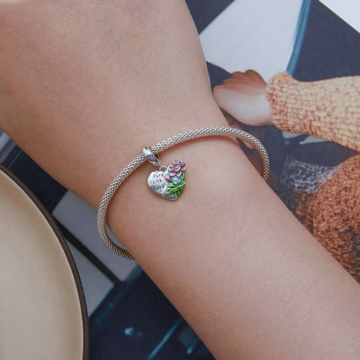SCC2417 Sterling Silver S925 Lotus Flower Love Zirconia Engraved Bracelet Charm Bead