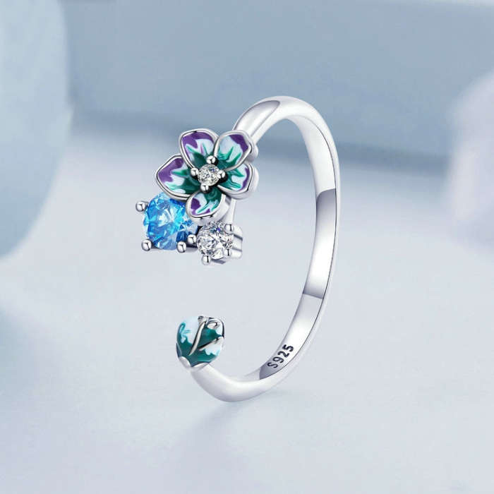 BSR341 Sterling Silver S925 Gradient Zircon Floral Open Ring