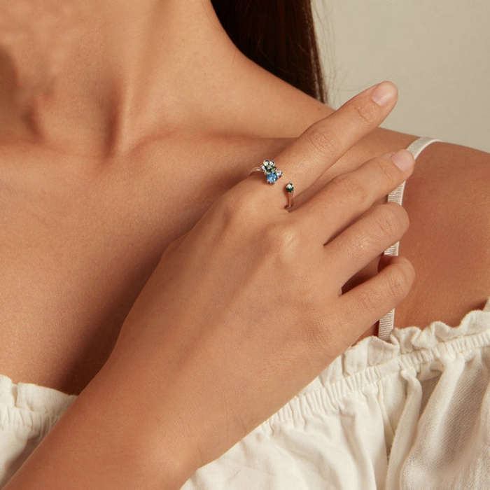 BSR341 Sterling Silver S925 Gradient Zircon Floral Open Ring