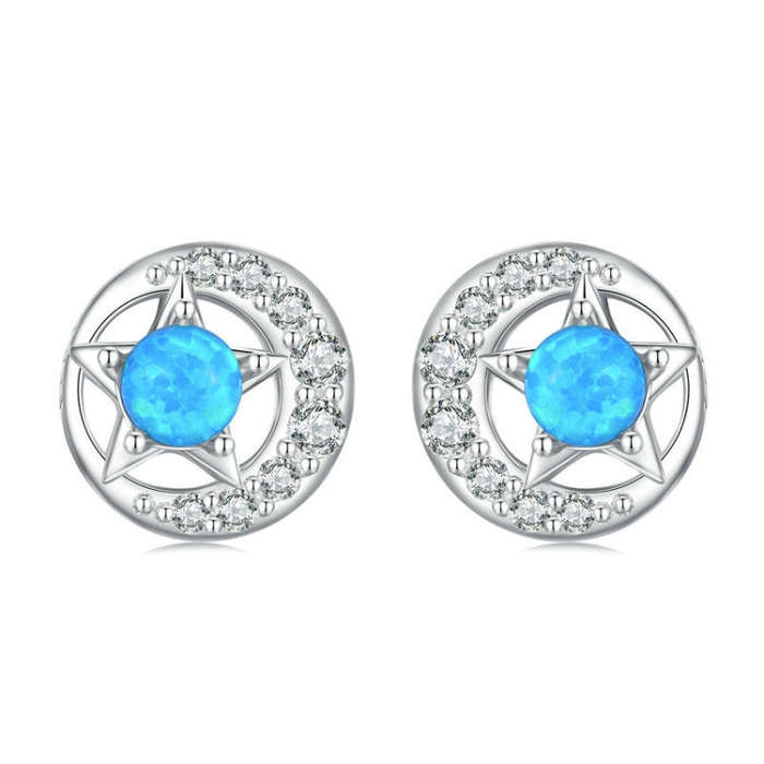 BSE746 Sterling Silver S925  Zirconia Opal Star and Moon Earrings