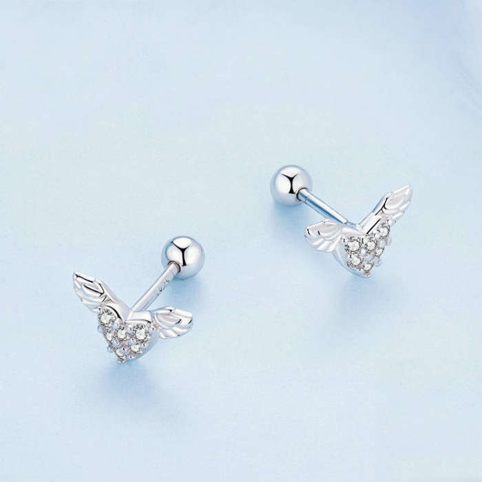 BSE756 Sterling Silver S925 Love Wings  Zirconia Earrings