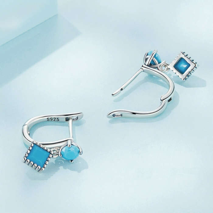 SCE1539 S925 Sterling Silver Prong Set Synthetic Turquoise Geometric Earrings