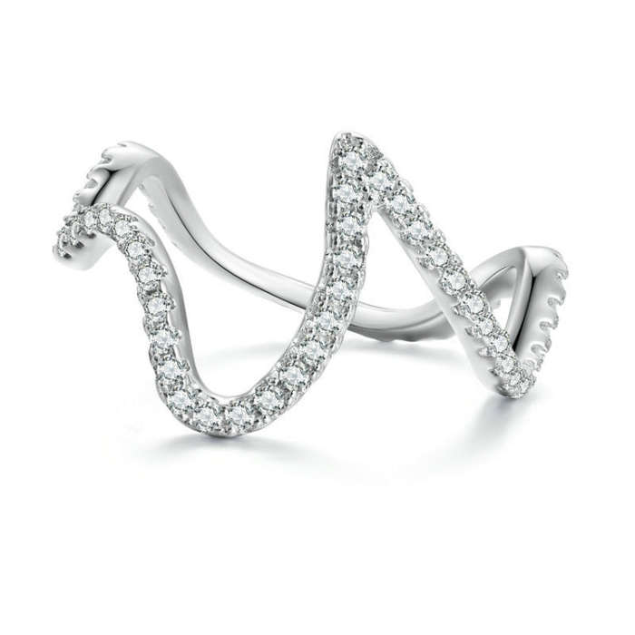 BSR314 Sterling Silver S925 Simple Geometric Wavy  Zircon Ring(No.9)
