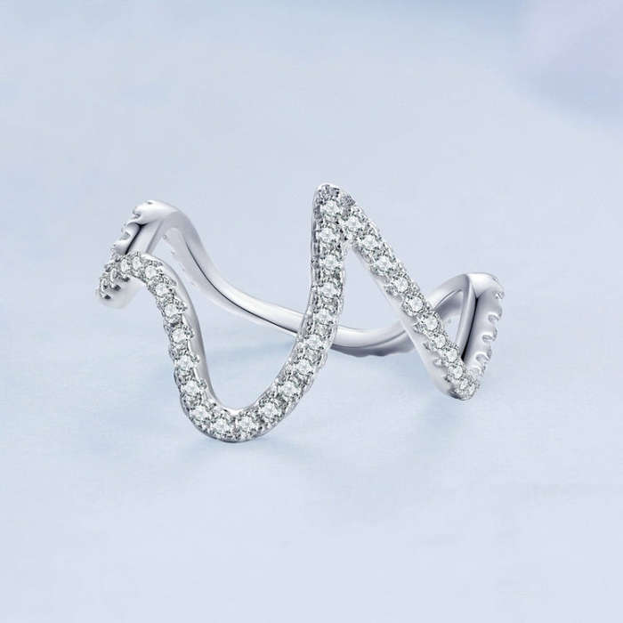 BSR314 Sterling Silver S925 Simple Geometric Wavy  Zircon Ring(No.9)