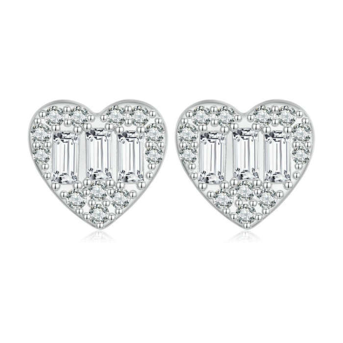 BSE766 Sterling Silver S925 Plated Platinum Sparkling Zirconia Heart Stud Earrings