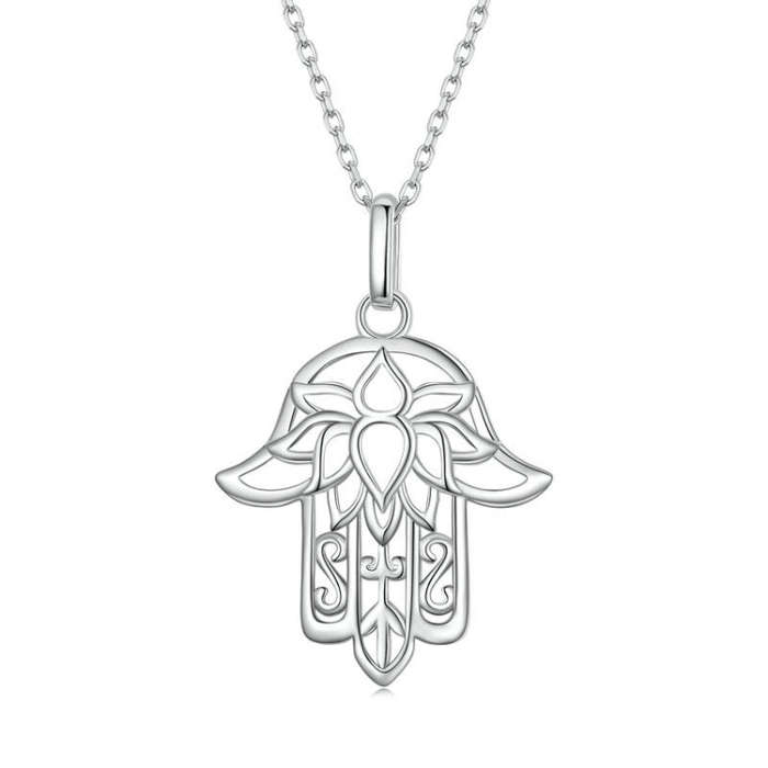 SCN490 Sterling Silver S925 Hand of Fatima Hollow Lotus Plated Platinum Necklace