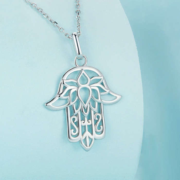 SCN490 Sterling Silver S925 Hand of Fatima Hollow Lotus Plated Platinum Necklace