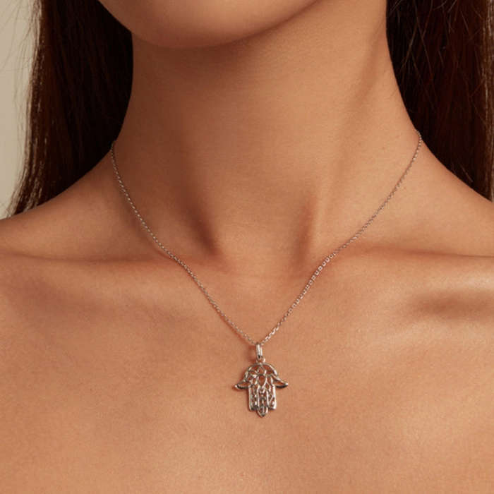 SCN490 Sterling Silver S925 Hand of Fatima Hollow Lotus Plated Platinum Necklace