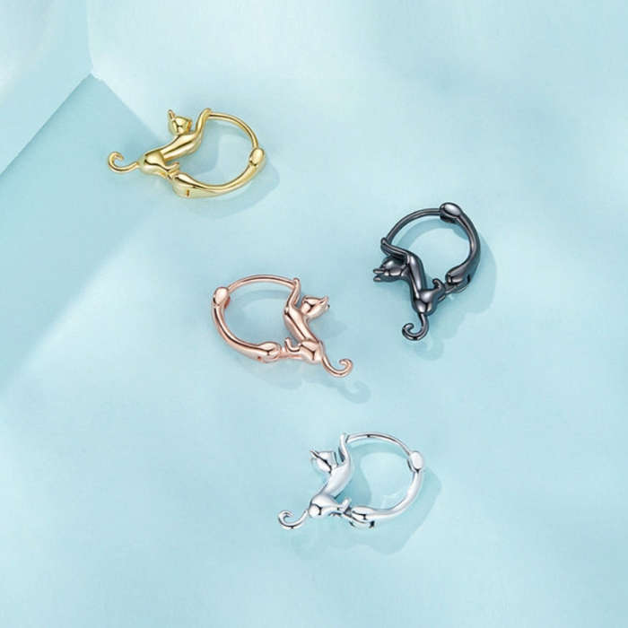 Sterling Silver S925 Diamond Stretch Cat Stretch Earrings, Size: Small Platinum Plated