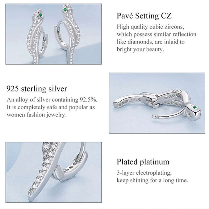 BSE669 Sterling Silver S925  Zircon Snake Earrings