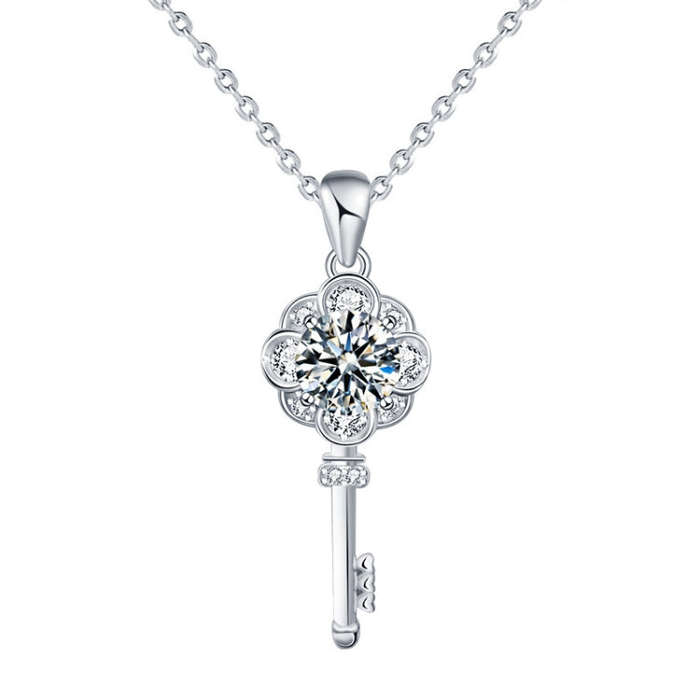 XMA003 Mosan Diamond 925 Silver Key Necklace, Chain Length: 60cm Sweater Chain