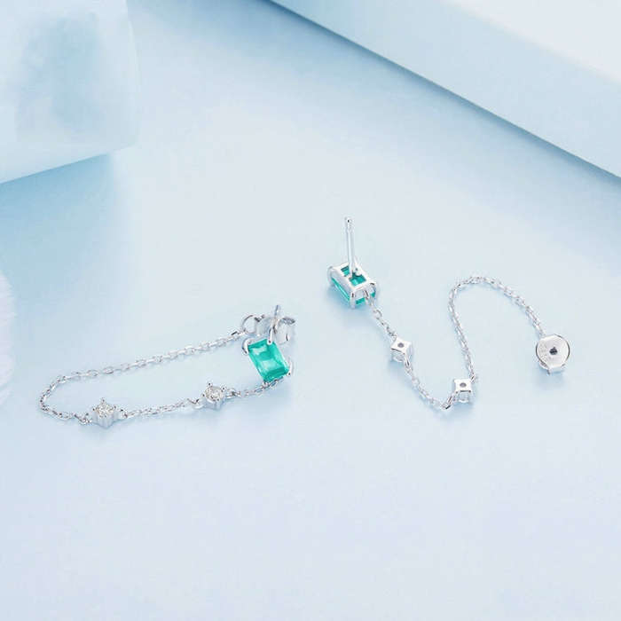 BSE784 S925 Platinum Plated Sterling Silver Irregular Long Chain Stud Earrings