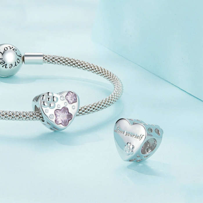 SCC2448 Sterling Silver S925 Heart Flower DIY Platinum Plated Bracelet Beads