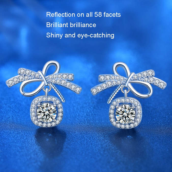 925 Silver Bow Earrings Simple Silver Needle Earrings(50 Points Mosan Diamond White Gold)