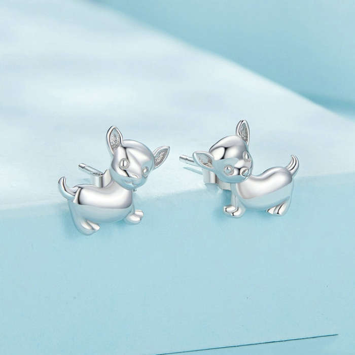 Sterling Silver S925 Platinum Plated Cute Chihuahua Dog Earrings