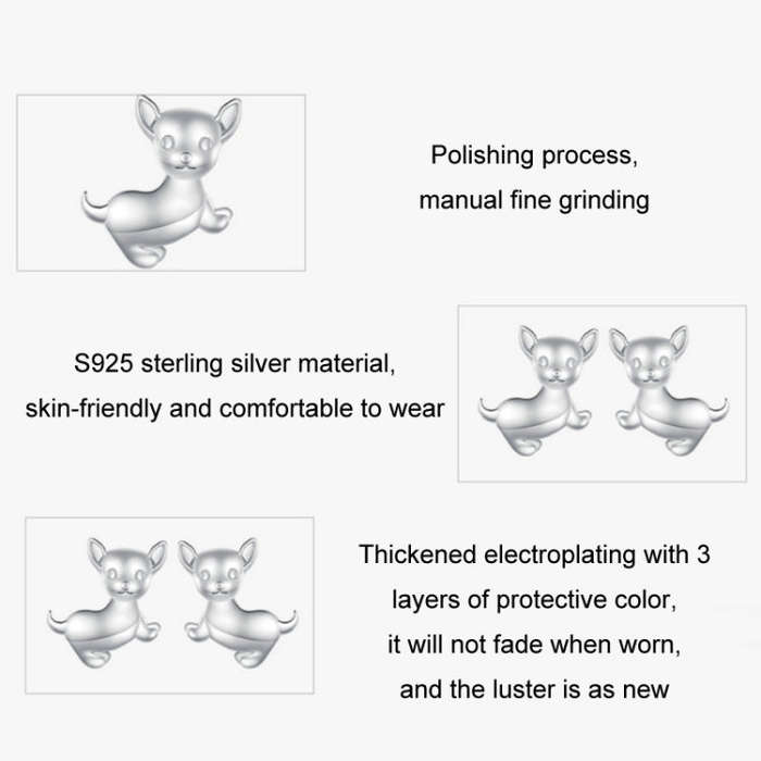 Sterling Silver S925 Platinum Plated Cute Chihuahua Dog Earrings