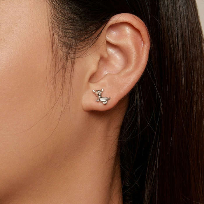 Sterling Silver S925 Platinum Plated Cute Chihuahua Dog Earrings
