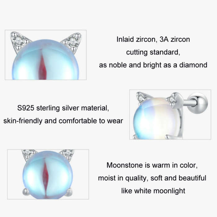 Sterling Silver S925 Moonstone Cute Cat Earrings