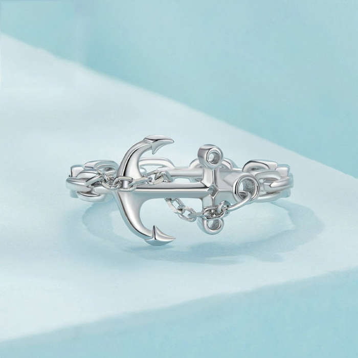 Sterling Silver S925 Platinum Plated Anchor Ring For Women(No.8)
