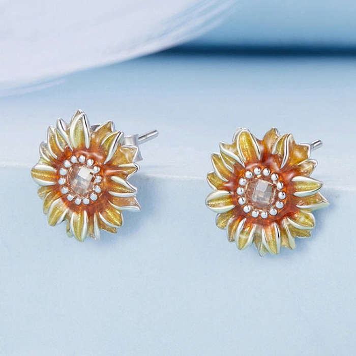 S925 Sterling Silver Plated Yellow Sunflower Stud Earrings