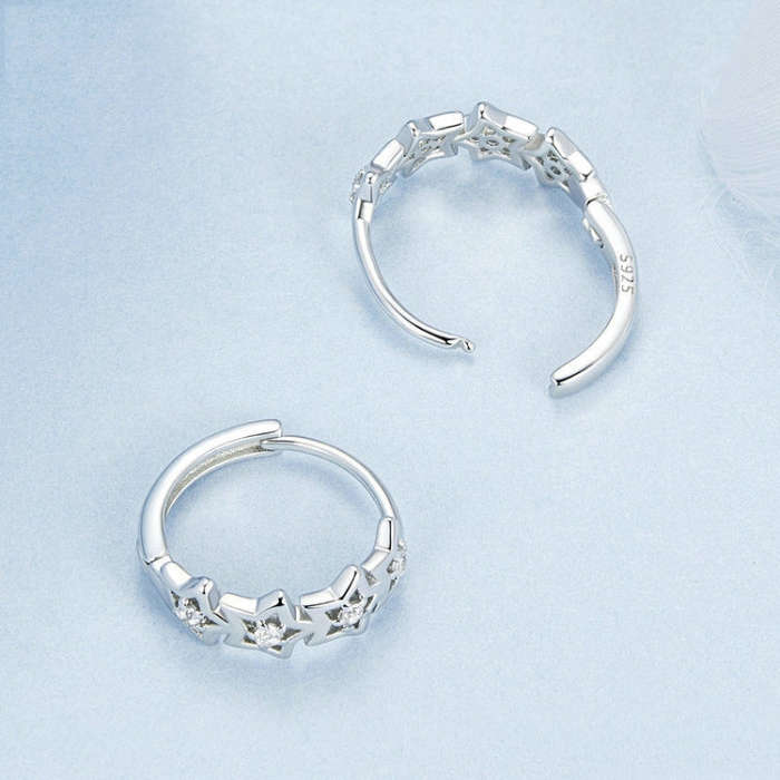 S925 Sterling Silver Platinum-Plated Sparkling Five-Pointed Star Women Earrings
