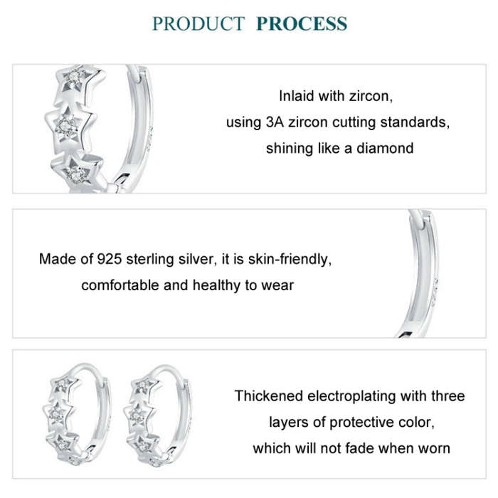 S925 Sterling Silver Platinum-Plated Sparkling Five-Pointed Star Women Earrings