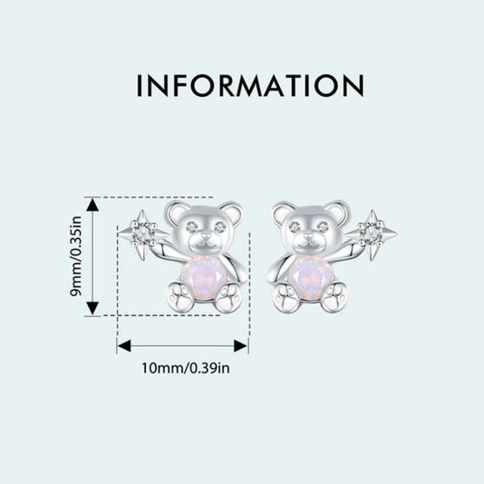 S925 Sterling Silver Platinum Plated Cute Bear Opal Earrings