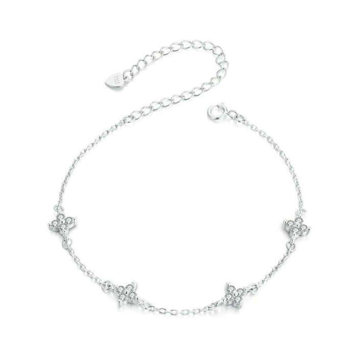 S925 Sterling Silver Platinum-Plated Sparkling Small Four-Leaf Clover Women Bracelet
