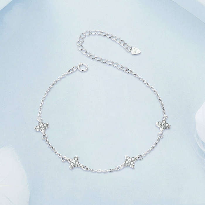 S925 Sterling Silver Platinum-Plated Sparkling Small Four-Leaf Clover Women Bracelet