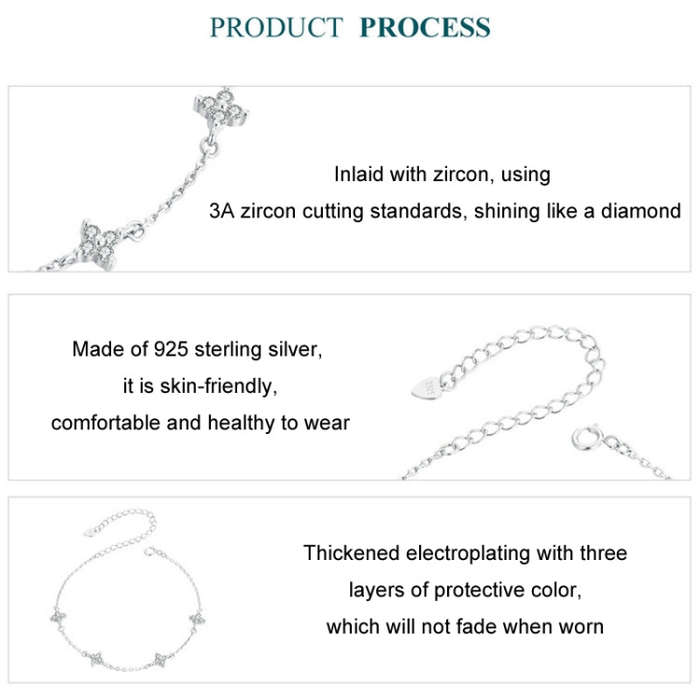 S925 Sterling Silver Platinum-Plated Sparkling Small Four-Leaf Clover Women Bracelet
