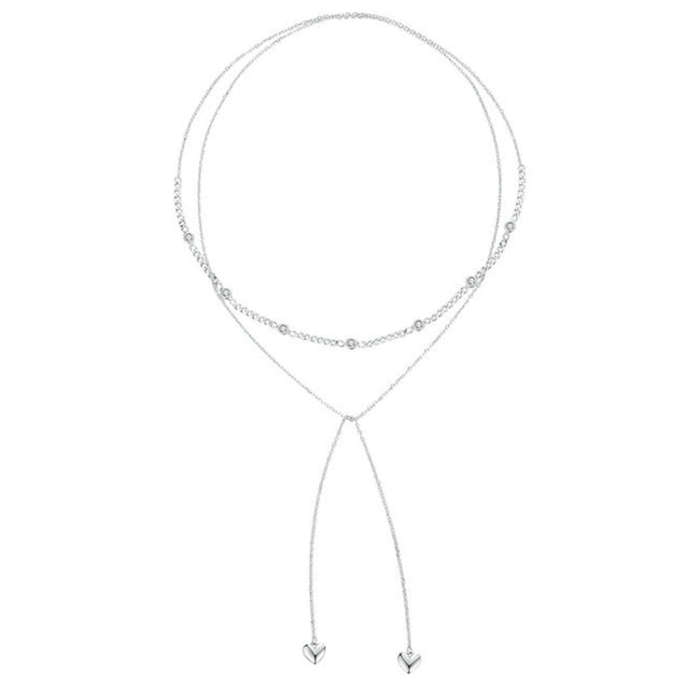 S925 Sterling Silver Platinum Plated Heart Shaped Double Sweater Necklace