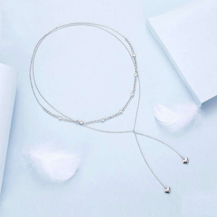 S925 Sterling Silver Platinum Plated Heart Shaped Double Sweater Necklace