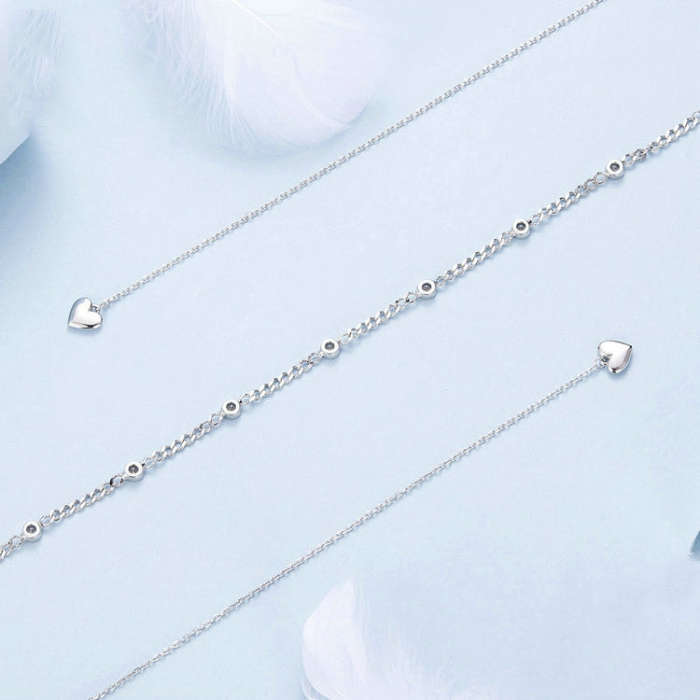 S925 Sterling Silver Platinum Plated Heart Shaped Double Sweater Necklace