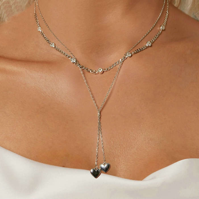 S925 Sterling Silver Platinum Plated Heart Shaped Double Sweater Necklace