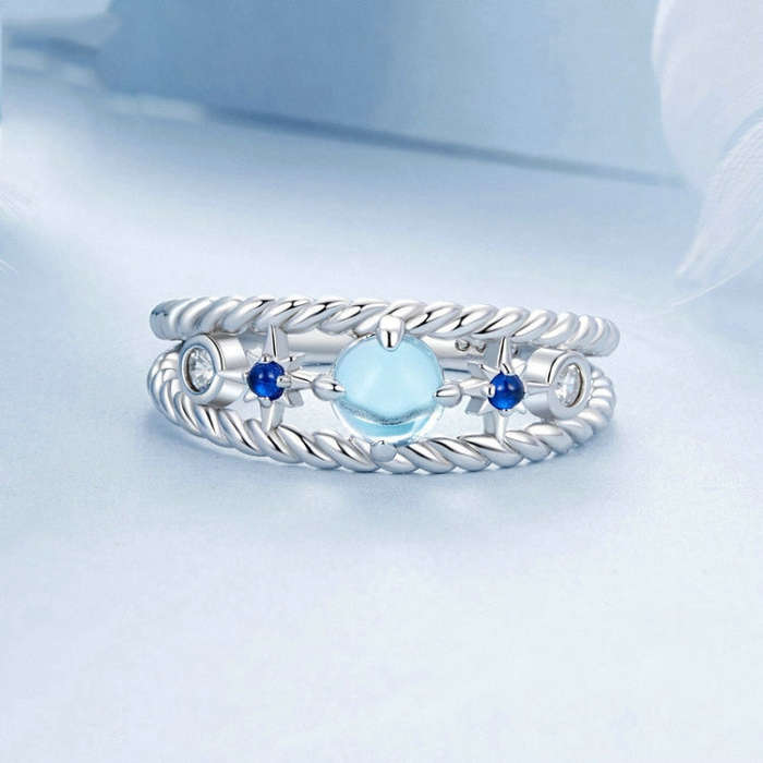S925 Sterling Silver Platinum Plated Starry Hollow Ring, Size: No.7