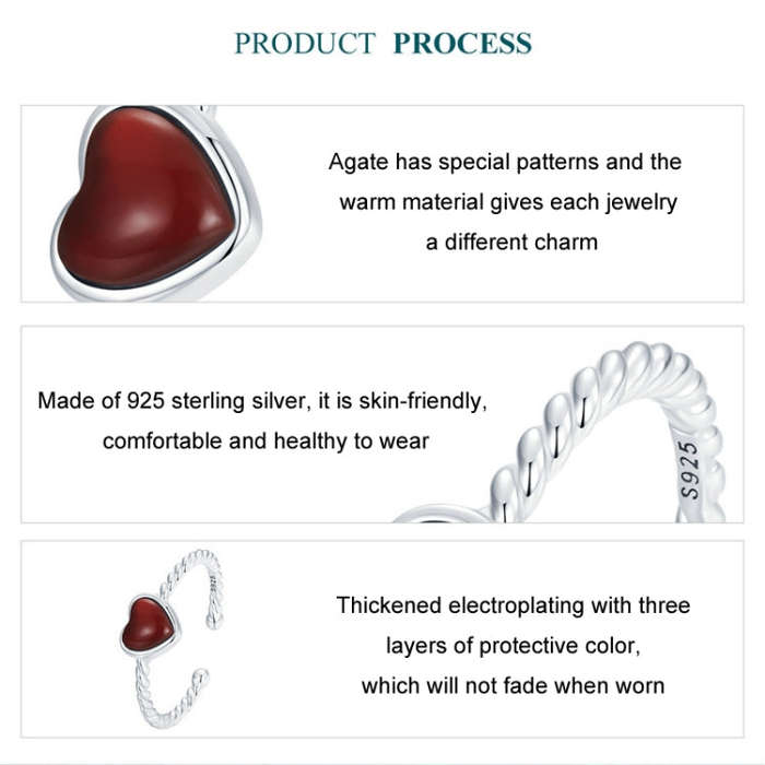 S925 Sterling Silver Agate Love Adjustable Open Ring(BSR525-E)