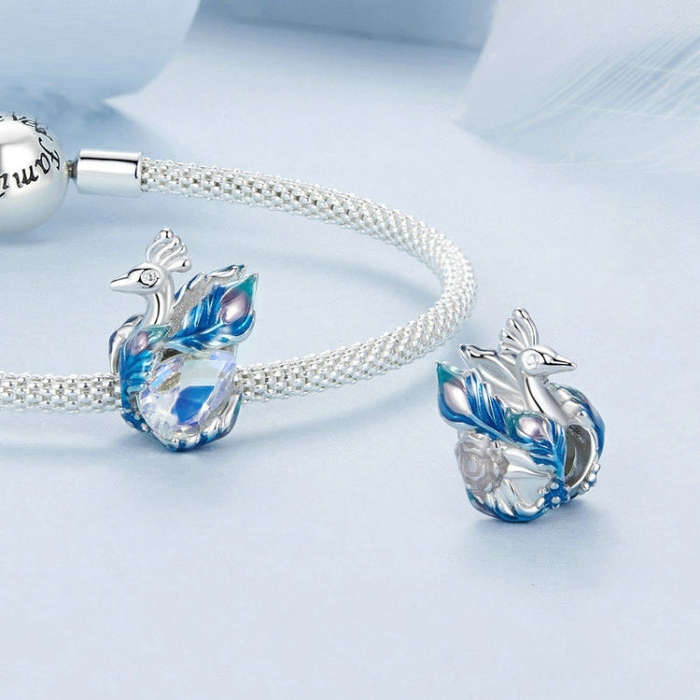 S925 Sterling Silver Platinum-plated Colorful Peacock DIY Beads(BSC979)