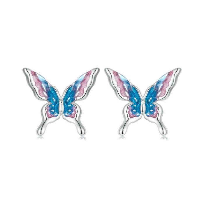 S925 Sterling Silver Platinum Plated Gradient Butterfly Earrings(BSE987)
