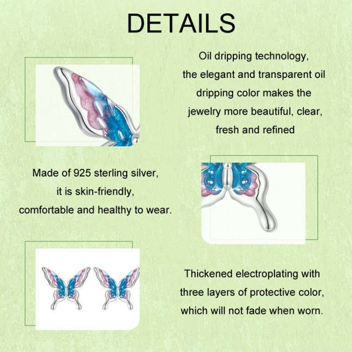 S925 Sterling Silver Platinum Plated Gradient Butterfly Earrings(BSE987)