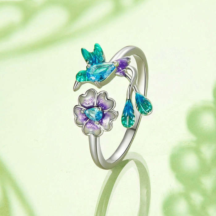 S925 Sterling Silver Bird Flower Opening Adjustable Ring(BSR536-E)