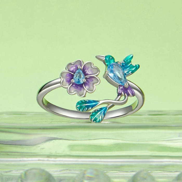 S925 Sterling Silver Bird Flower Opening Adjustable Ring(BSR536-E)