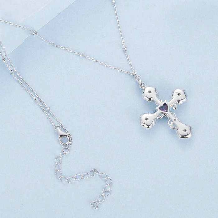 S925 Sterling Silver Platinum Plated Rose Cross Necklace For Women(BSN379)