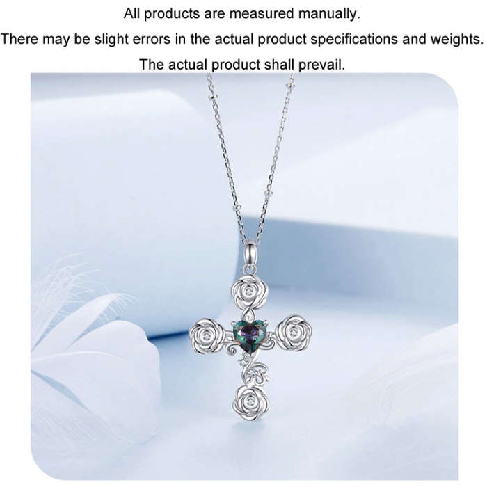 S925 Sterling Silver Platinum Plated Rose Cross Necklace For Women(BSN379)