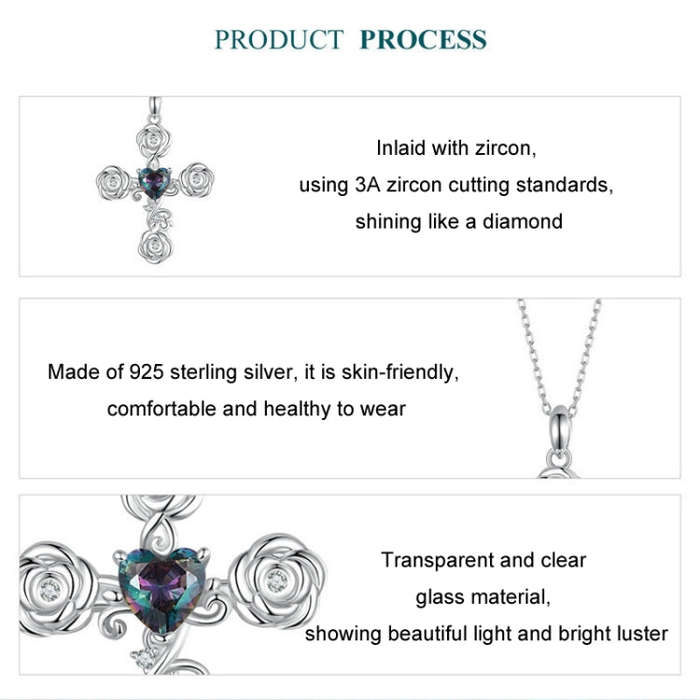S925 Sterling Silver Platinum Plated Rose Cross Necklace For Women(BSN379)
