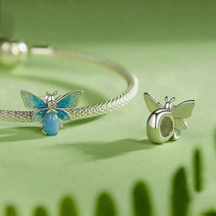 S925 Sterling Silver Zircon Luminous Blue Gradient Bee Silicone DIY Beads(SCC2734)